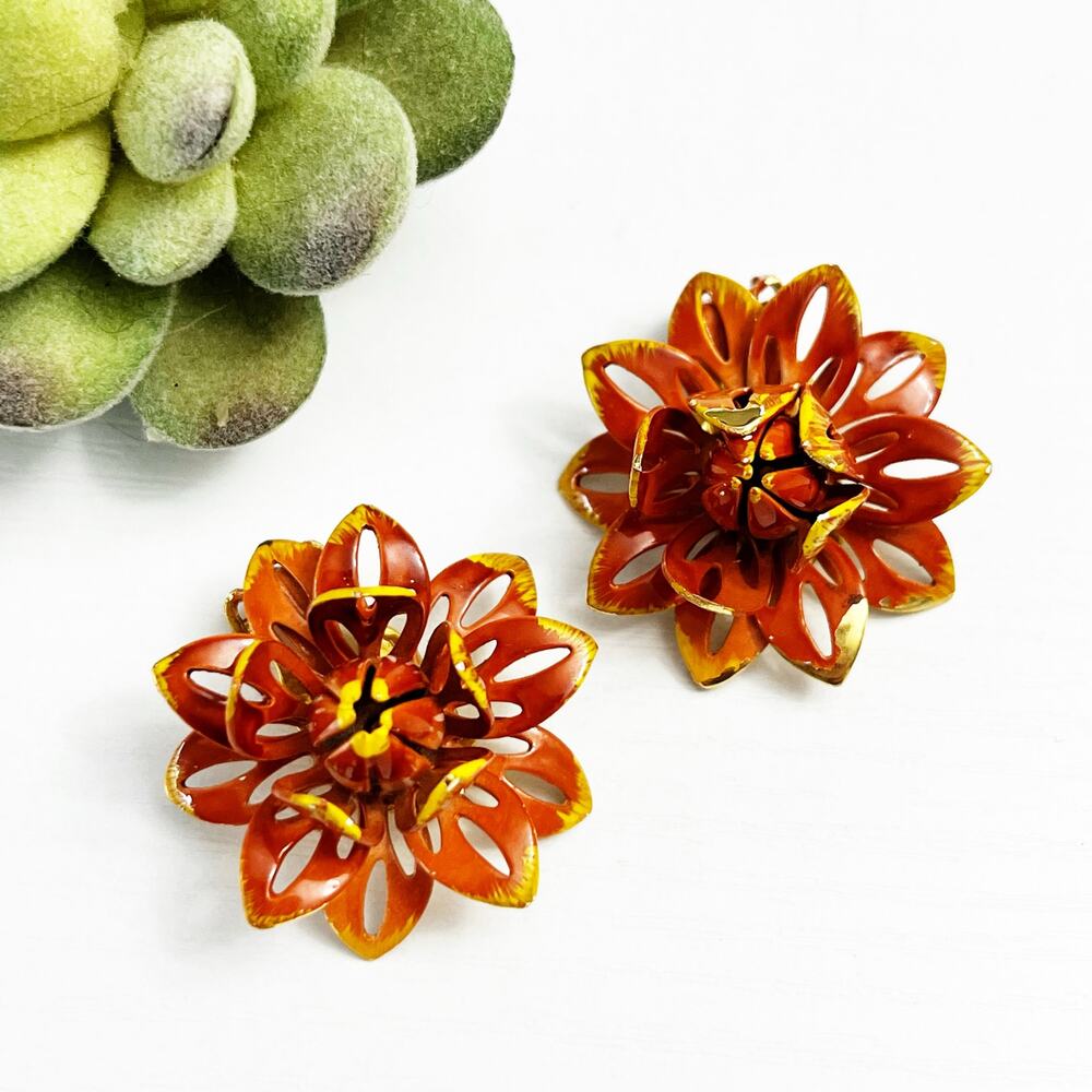 Vintage Orange & Gold Metal Flower Clip Earrings
